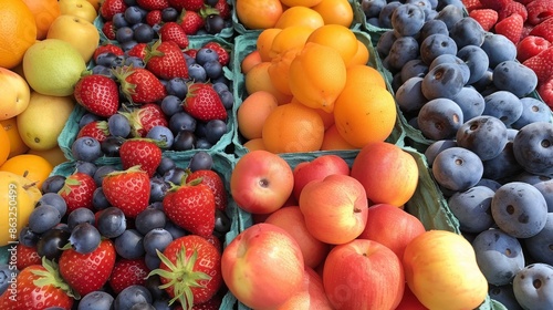 A vibrant display of fresh fruits, including strawberries, blueberries, peaches and apricots, arranged in green baskets. © Pornarun