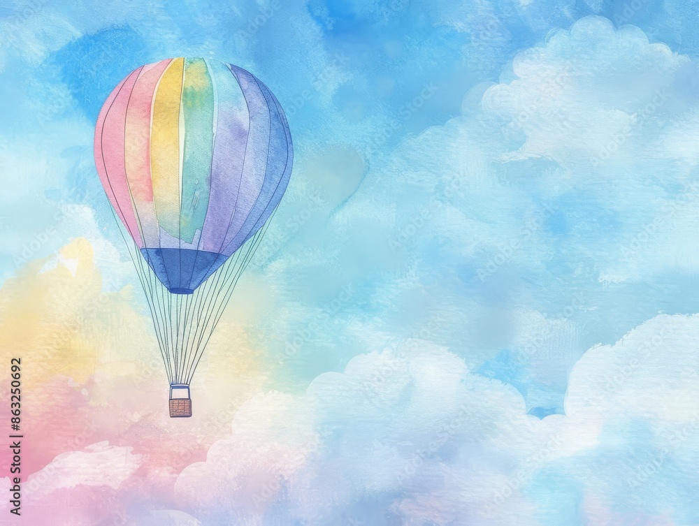 Naklejka premium A vibrant hot air balloon with rainbow stripes floats against a dreamy watercolor sky.
