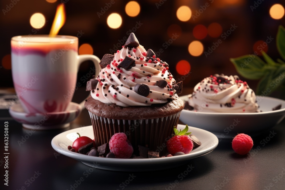 A chocolate cupcake with white frosting and raspberries sits on a white saucer. There is a cup of coffee and another cupcake in the background. A chocolate cupcake with white frosting and raspberries sits on a white saucer. There is a cup of coffee and another cupcake in the background.