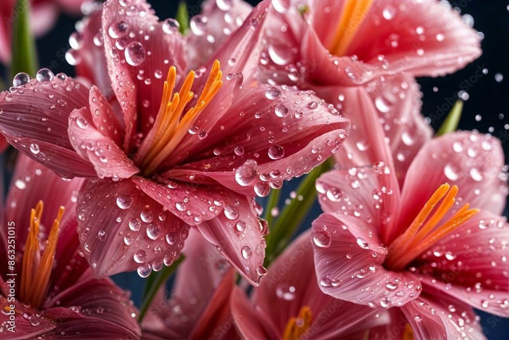A close up of a pink lily with water droplets on it, against a dark background. A close up of a pink lily with water droplets on it, against a dark background.