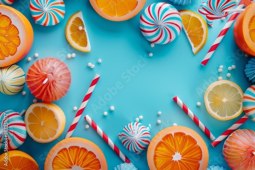 A vibrant summery flat lay with citrus fruits, colorful candies and straws arranged around a blue background. photo