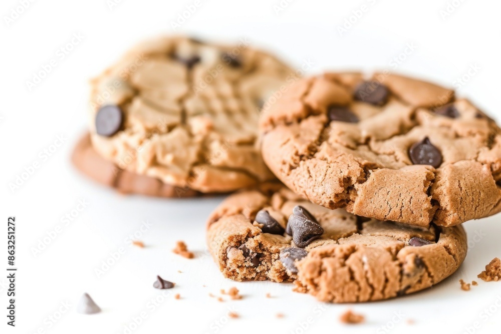 Three delicious chocolate chip cookies are beautifully displayed against a white background, emphasizing their crispy edges and gooey chocolate chips. Three delicious chocolate chip cookies are beautifully displayed against a white background, emphasizing their crispy edges and gooey chocolate chips.