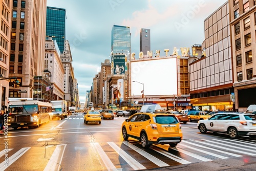 A vibrant cityscape showcasing a busy intersection with iconic yellow taxis and tall buildings. The bright, digital billboard adds a modern, futuristic touch to the urban scene.