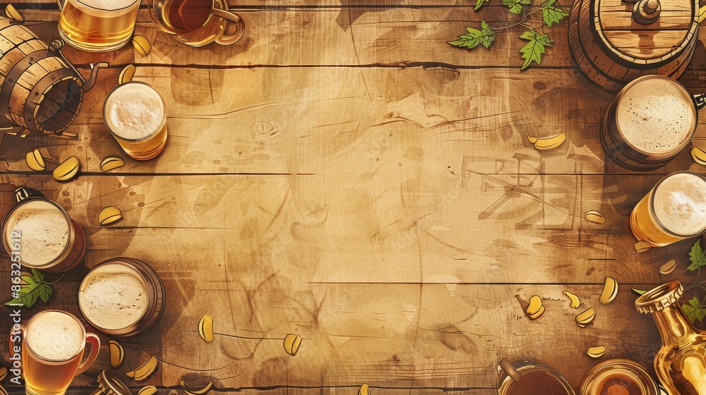 Naklejka premium A vintage wooden table with a treasure map surrounded by beer mugs and barrels. Perfect for a medieval or fantasy theme.