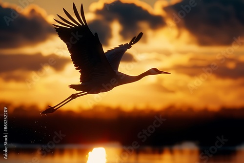 Photo of a crane shot direction from the front pose flying time of day dawn National Geographic film type Fuji Natura 1600 using a burst mode to capture rapid movement