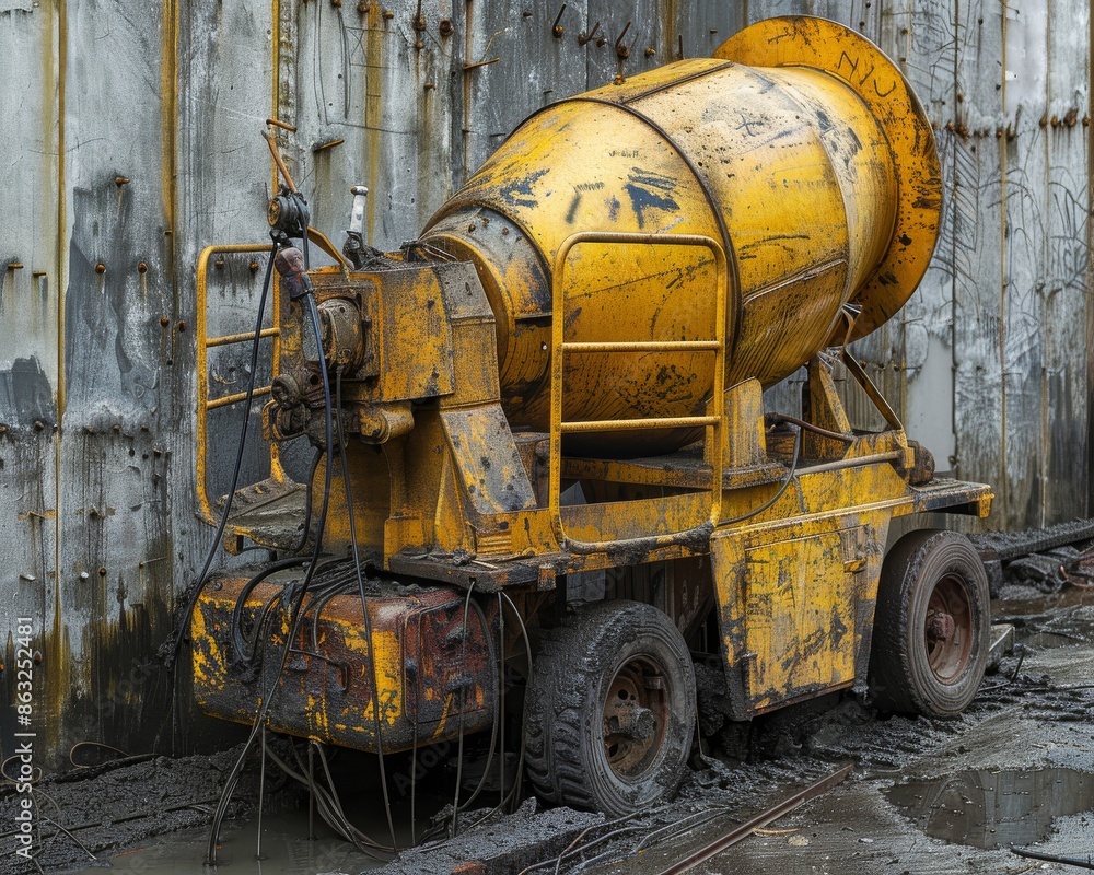 A weathered yellow concrete mixer sits idle against a concrete wall. A weathered yellow concrete mixer sits idle against a concrete wall.