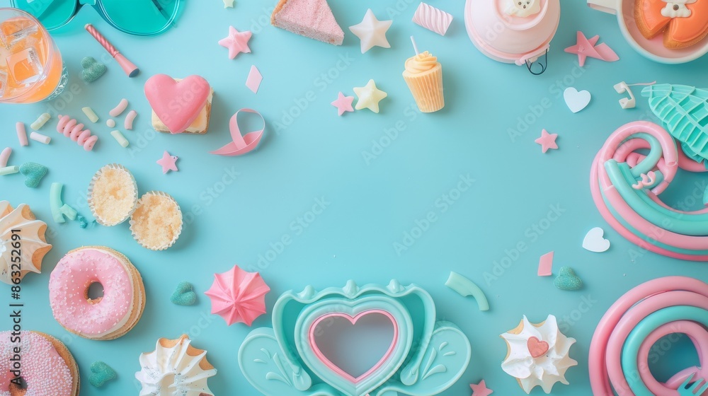 A whimsical pastel blue background with a variety of sweet treats and decorative elements forming a border, leaving space for text A whimsical pastel blue background with a variety of sweet treats and decorative elements forming a border, leaving space for text