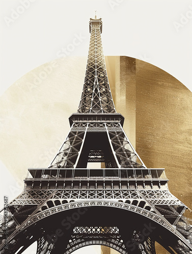 abstract digital collage of Eiffel Tower in Paris, golden and monochrome digital art