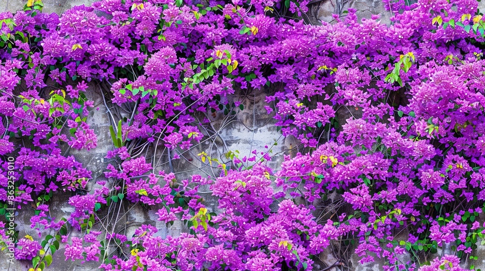 Obraz premium Purple flowers bloom beside stone wall, framing green foliage