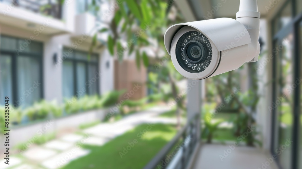 A white security camera mounted on a wall, overlooking a green, landscaped backyard. A white security camera mounted on a wall, overlooking a green, landscaped backyard.