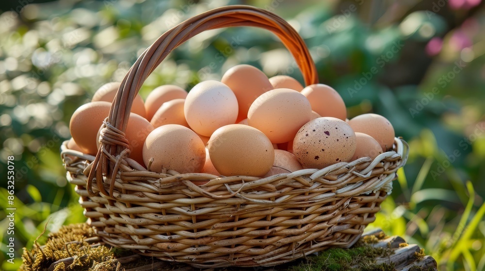 A wicker basket filled with fresh brown and white eggs sits in a lush green garden. A wicker basket filled with fresh brown and white eggs sits in a lush green garden.