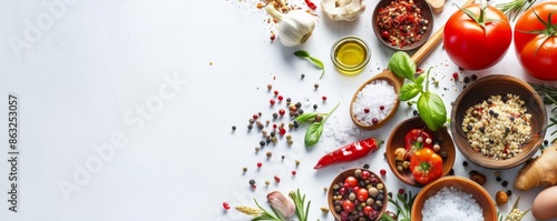 Wallpaper Mural A white surface with scattered spices, herbs, tomatoes, and bowls of various ingredients. Torontodigital.ca