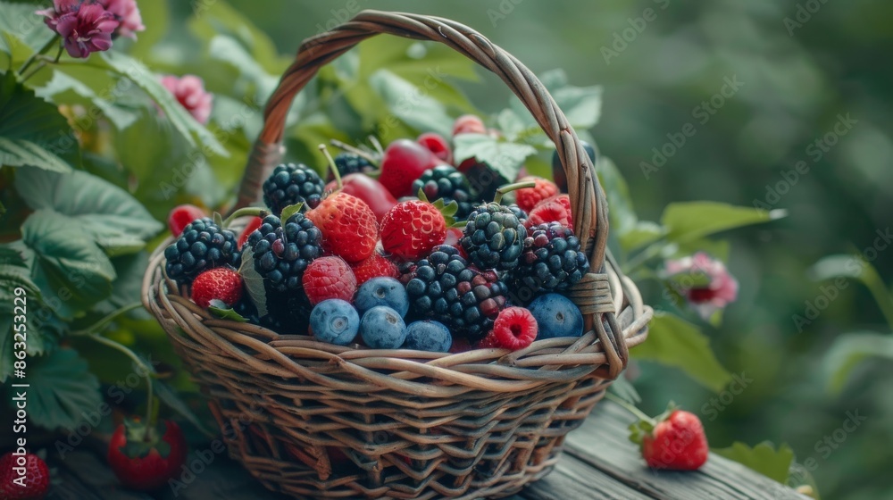 A wicker basket overflowing with fresh, ripe berries, including strawberries, raspberries, blueberries, and blackberries. A wicker basket overflowing with fresh, ripe berries, including strawberries, raspberries, blueberries, and blackberries.