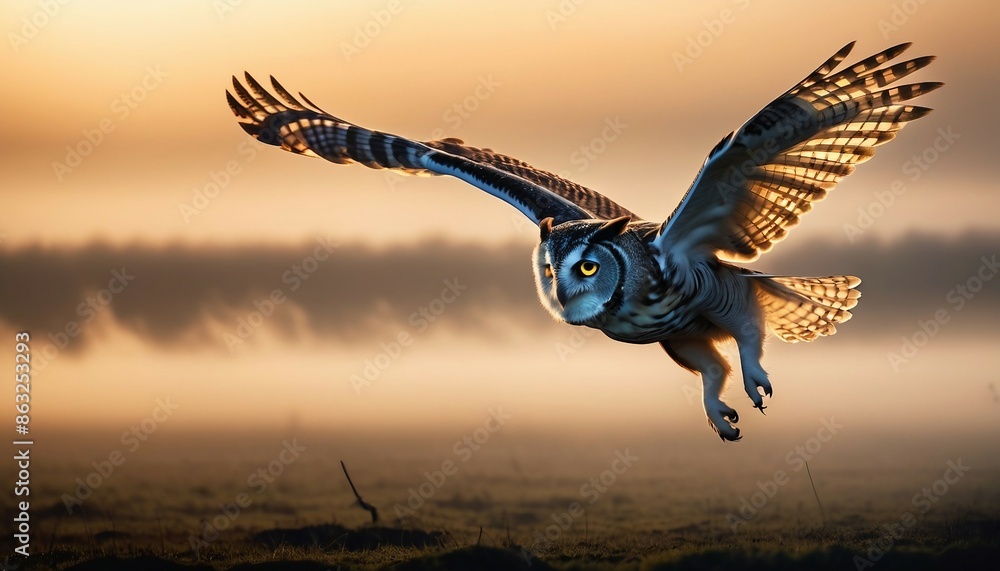 Naklejka premium side view of owl flying with wings open at sunset, looking at camera, copy space for text, ad shot 