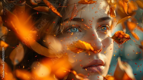 young woman under falling leaves, autumn time concept