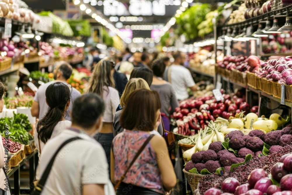 A bustling market scene with numerous booths, featuring a wide variety of fruits and vegetables. Shoppers are seen navigating through the crowded aisles. A bustling market scene with numerous booths, featuring a wide variety of fruits and vegetables. Shoppers are seen navigating through the crowded aisles.