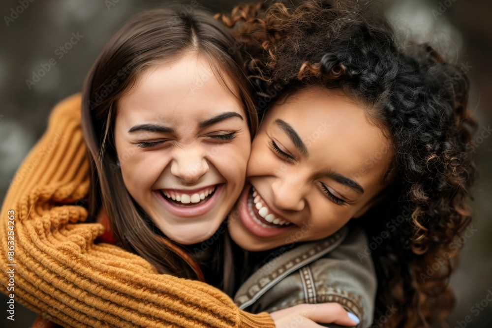 Two young women joyfully embrace each other on the street, radiating happiness and warmth, captured in a candid, lively moment. Two young women joyfully embrace each other on the street, radiating happiness and warmth, captured in a candid, lively moment.