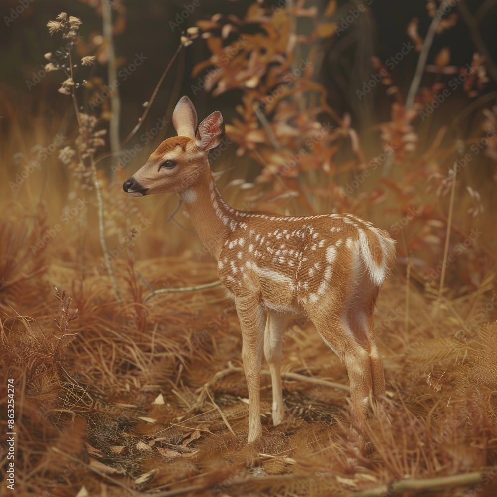A young fawn stands in a field of tall grass, its spotted coat blending into the autumn foliage. A young fawn stands in a field of tall grass, its spotted coat blending into the autumn foliage.