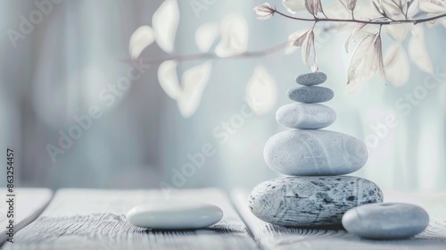 A zen stone stack on a wooden table with a blurry background of leaves. photo