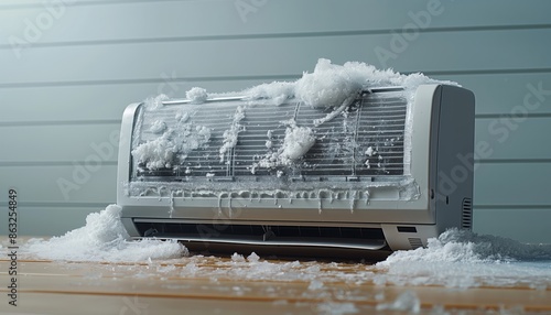 An indoor air conditioner is heavily coated with ice, suggesting extreme cold conditions or a malfunction in the cooling system, with frost and ice buildup all around. photo