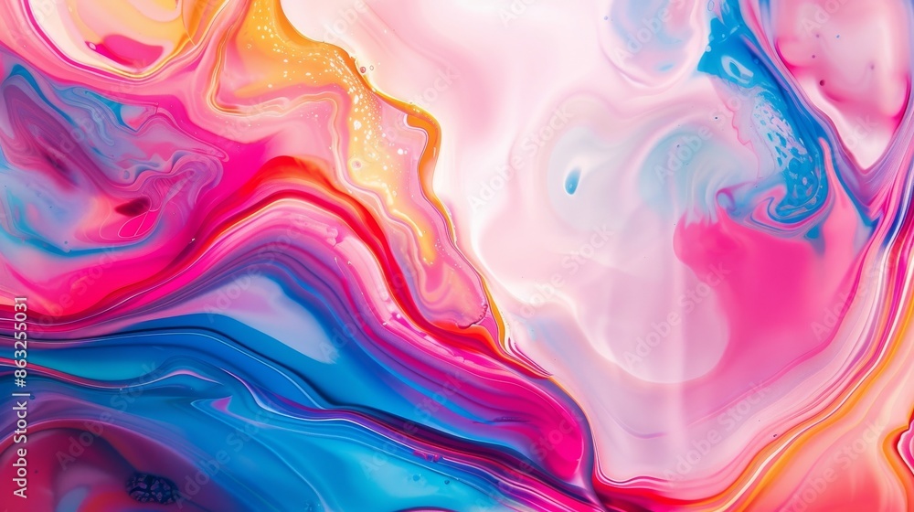 Abstract background of vibrant pink, blue, yellow and white paint swirls. Abstract background of vibrant pink, blue, yellow and white paint swirls.