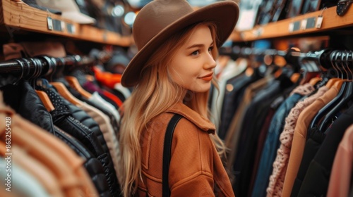 A beautiful young woman wearing a hat is seen looking at clothing in a store. The setting appears stylish and trendy, with a cozy and inviting atmosphere.