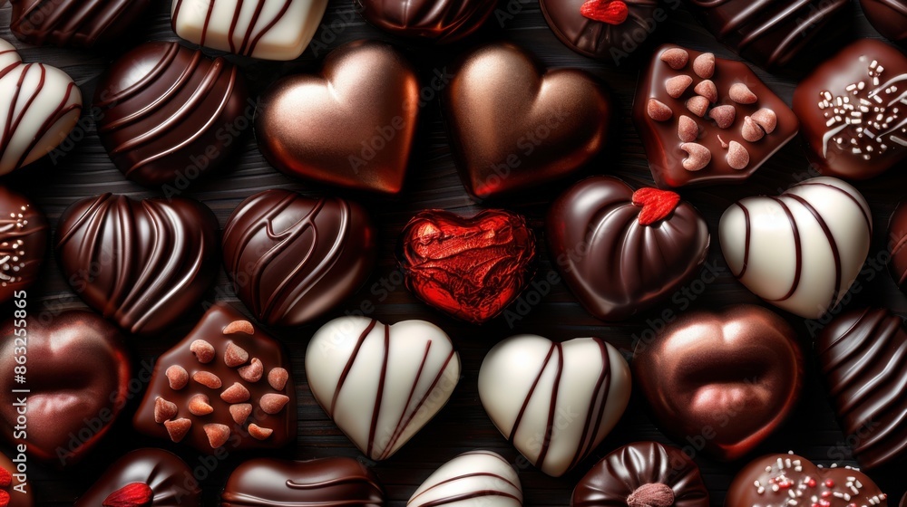 An assortment of heart-shaped chocolates, featuring various decorations and flavors, beautifully arranged. A perfect choice for a sweet treat. An assortment of heart-shaped chocolates, featuring various decorations and flavors, beautifully arranged. A perfect choice for a sweet treat.