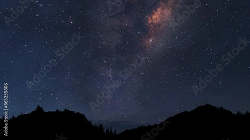 The Milky Way Galaxy moving over the mountain ridge. Night time lapse