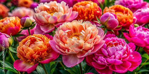 Stunning close-up of vibrant peonies in full bloom displaying pink and orange petals in a lush garden