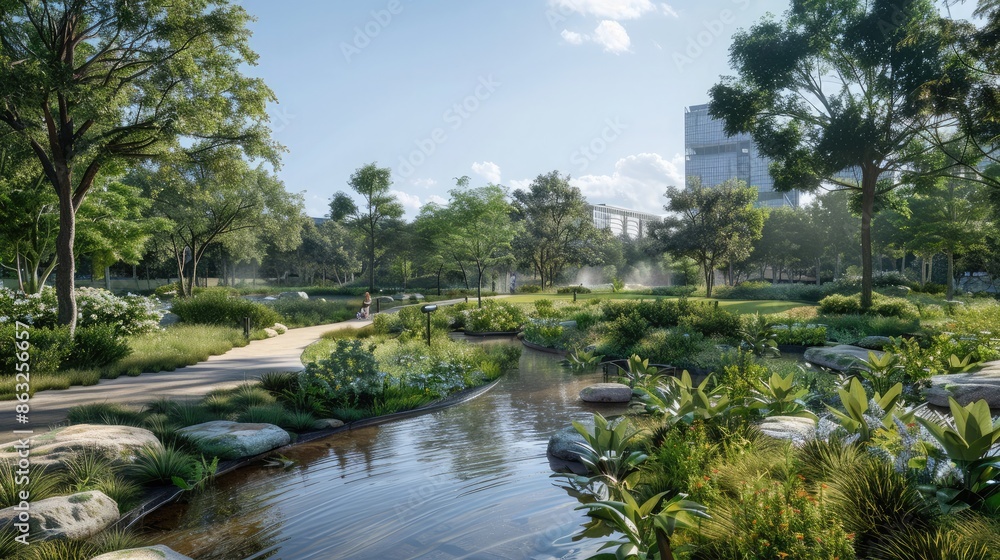 A city park with adaptive landscaping to manage stormwater and promote urban biodiversity. A city park with adaptive landscaping to manage stormwater and promote urban biodiversity.