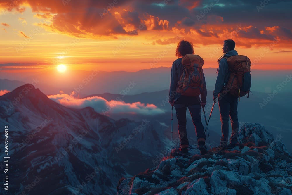Fototapeta premium Mountain Summit Sunset Hiking Couple