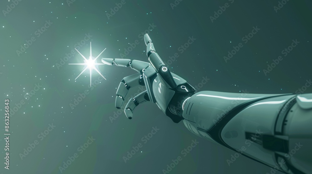 Obraz premium Minimalist Robotic Hand Reaching for a Glowing Star in a Starry Night Sky. Generative AI