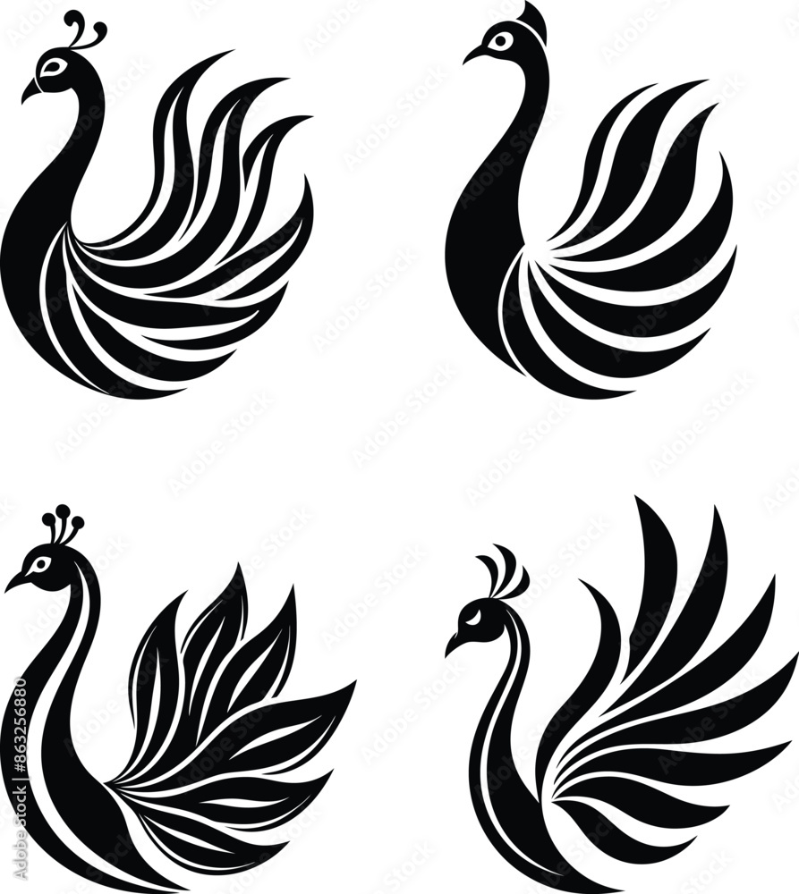 Fototapeta premium Peacock silhouette vector illustration icons