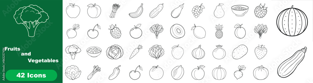 Set of 42 fruits and vegetables icons in black and white, perfect for ...