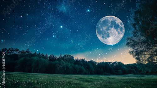 Clear night sky with a bright full moon and sparkling stars photo