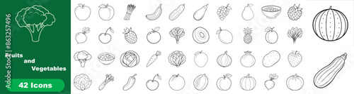 Set of 42 fruits and vegetables icons in black and white, perfect for educational materials, menus, and design projects. Vector illustration.