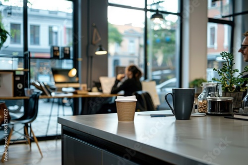 A modern office space showcasing a table with a coffee cup in the foreground and blurred background of people working near large windows.