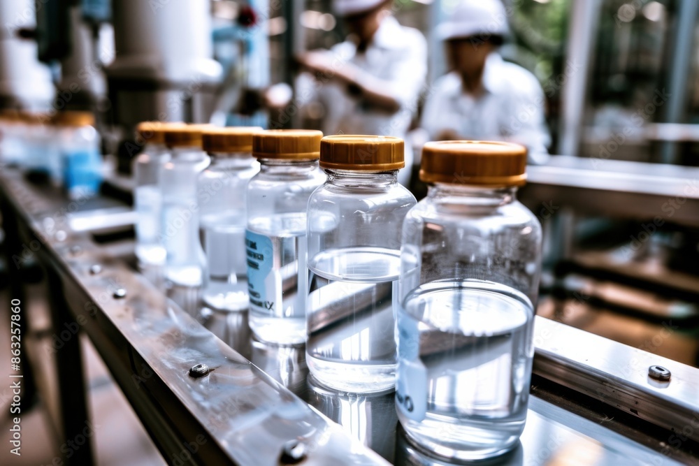 Several medical vials with yellow caps are placed on a production line in a pharmaceutical facility. Workers in the background are checking the production process. Several medical vials with yellow caps are placed on a production line in a pharmaceutical facility. Workers in the background are checking the production process.