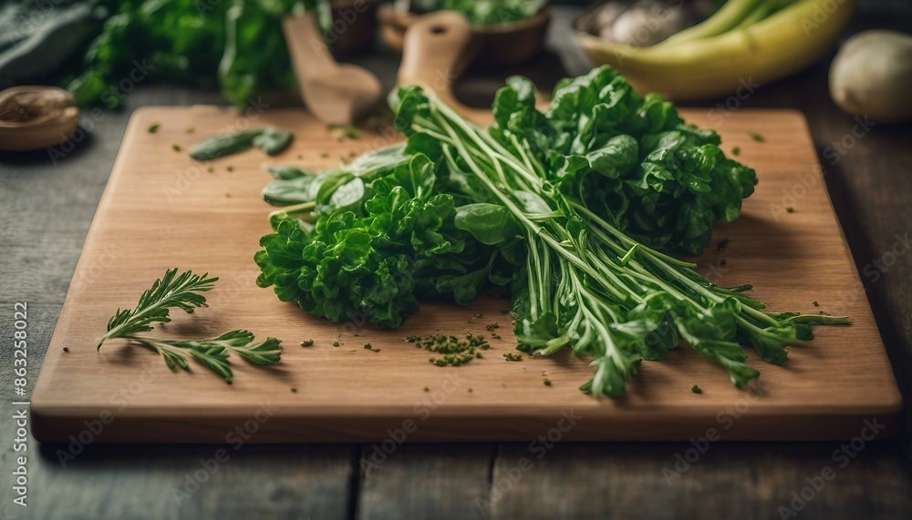 A wooden cutting board with green herbs and other vegetables arranged on it. A wooden cutting board with green herbs and other vegetables arranged on it.