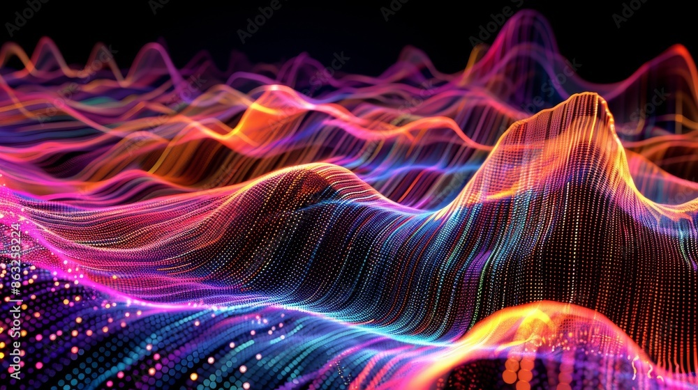 Obraz premium Abstract colorful digital landscape with glowing lines and particles.