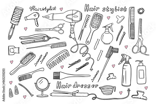 Set of hairdresser tools in doodle style.  Hair dryer, comb, hairbrush, hairpin, invisible, mirror, scissors, hairgrip, hair-slide,shampoo, curling iron. Stylist. Beauty salon. Hand drawn