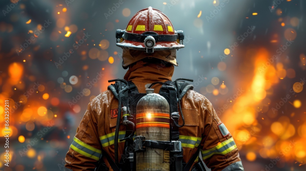 A firefighter stands with their back facing the camera, against a fiery background, ready to combat the blaze. The scene is intense and dramatic. A firefighter stands with their back facing the camera, against a fiery background, ready to combat the blaze. The scene is intense and dramatic.