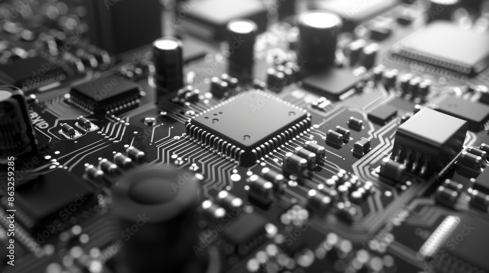 Black And White Close-Up Of A Circuit Board With A Processor Chip. Generative AI