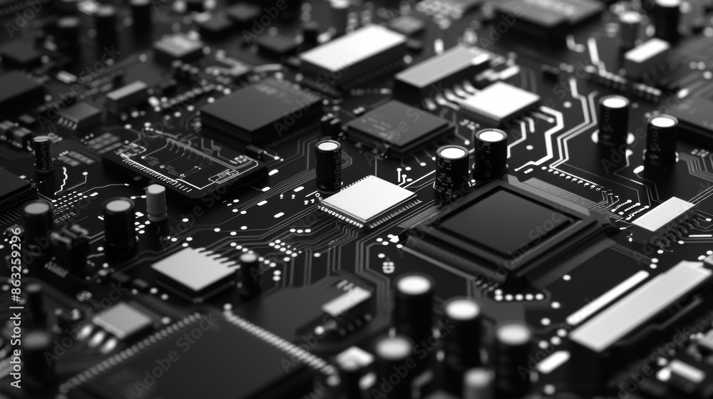 Black And White Minimalist Circuit Board Close Up. Generative AI Black And White Minimalist Circuit Board Close Up. Generative AI