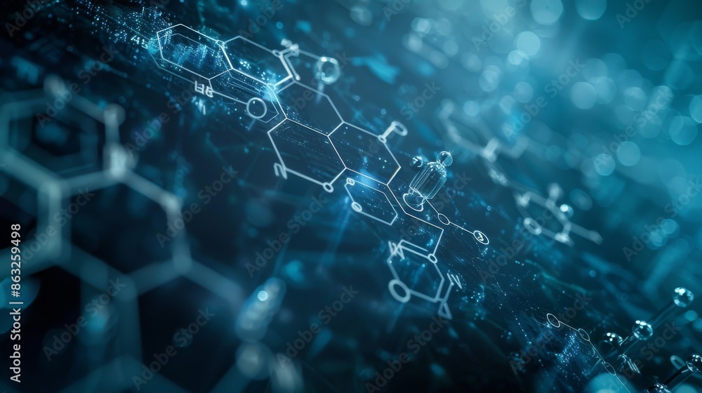 Obraz premium Abstract digital background with blue hues featuring molecular structures and hexagonal patterns.