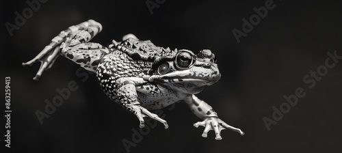 Photo of a horned frog shot direction from the right side pose in midjump time of day midday  photo