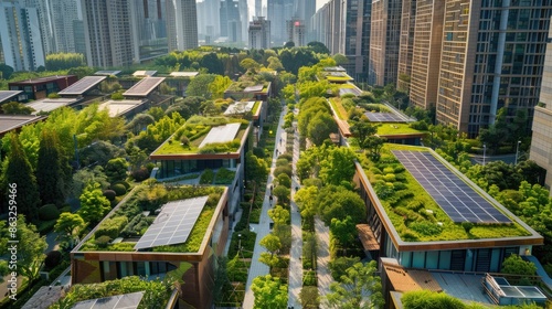 A cityscape with green roofs, solar panels, and pedestrian-friendly pathways integrated into urban developments. photo