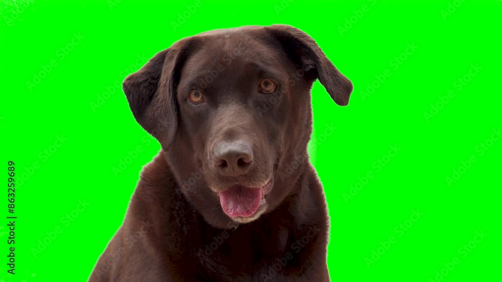 Chocolate labrador retriever on green screen isolated with chroma key, real shot. Close-up portrait of a dog looking at camera. Chocolate labrador retriever on green screen isolated with chroma key, real shot. Close-up portrait of a dog looking at camera.