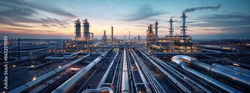 Industrial Refinery Complex at Sunset With Cloudy Sky