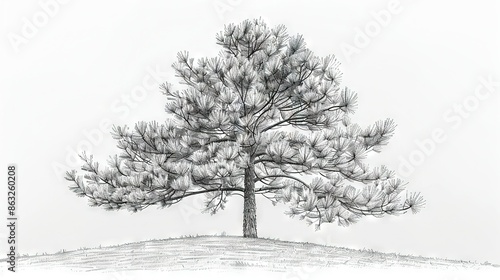  A sketch of a pine tree atop a hill with snow beneath and grass in the foreground